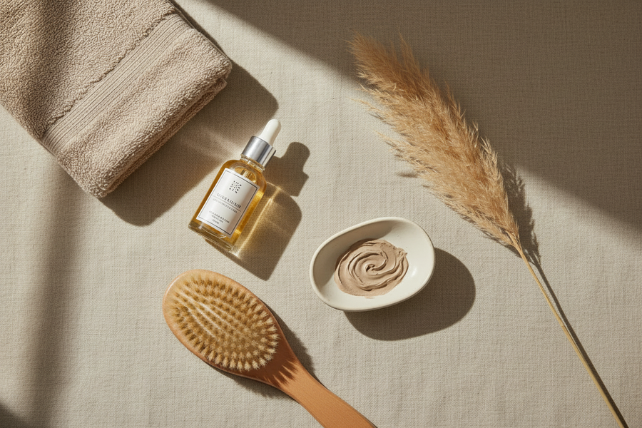 Editoriales Flatlay einer Haut- und Haarpflege-Routine mit Pflegeprodukten und Accessoires