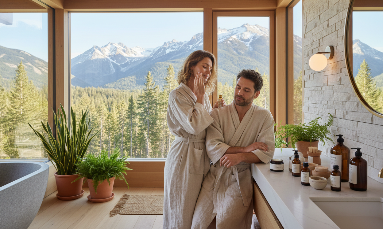 mujer y hombre cuidando su cuerpo con productos naturales al fondo se aprecia la naturaleza pero ellos se encuentran en una casa en la montaña