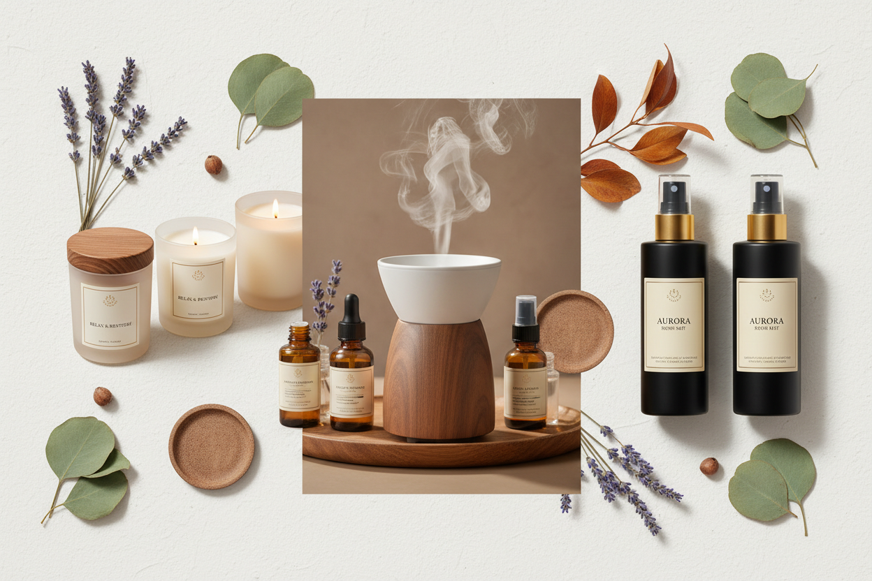 crea una imagen collage relacionada con aromas, difusores, velas aromáticas, sprays, etc.