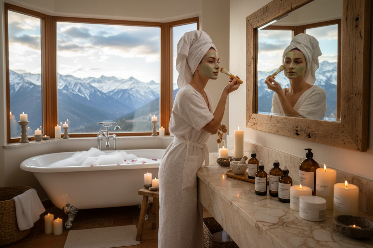 foto de mujer hermosa viéndose al espejo mientras se coloca una mascarilla. El cuarto de baño tiene una bañera llena, se ve espuma en la bañera. Hay algunas velas alrededor del lugar. Sobre la mesa del cuarto de baño hay productos orgánicos de cuidado Facial y corporal. El cuarto de baño tiene una vista hay montañas. Foto realista. 