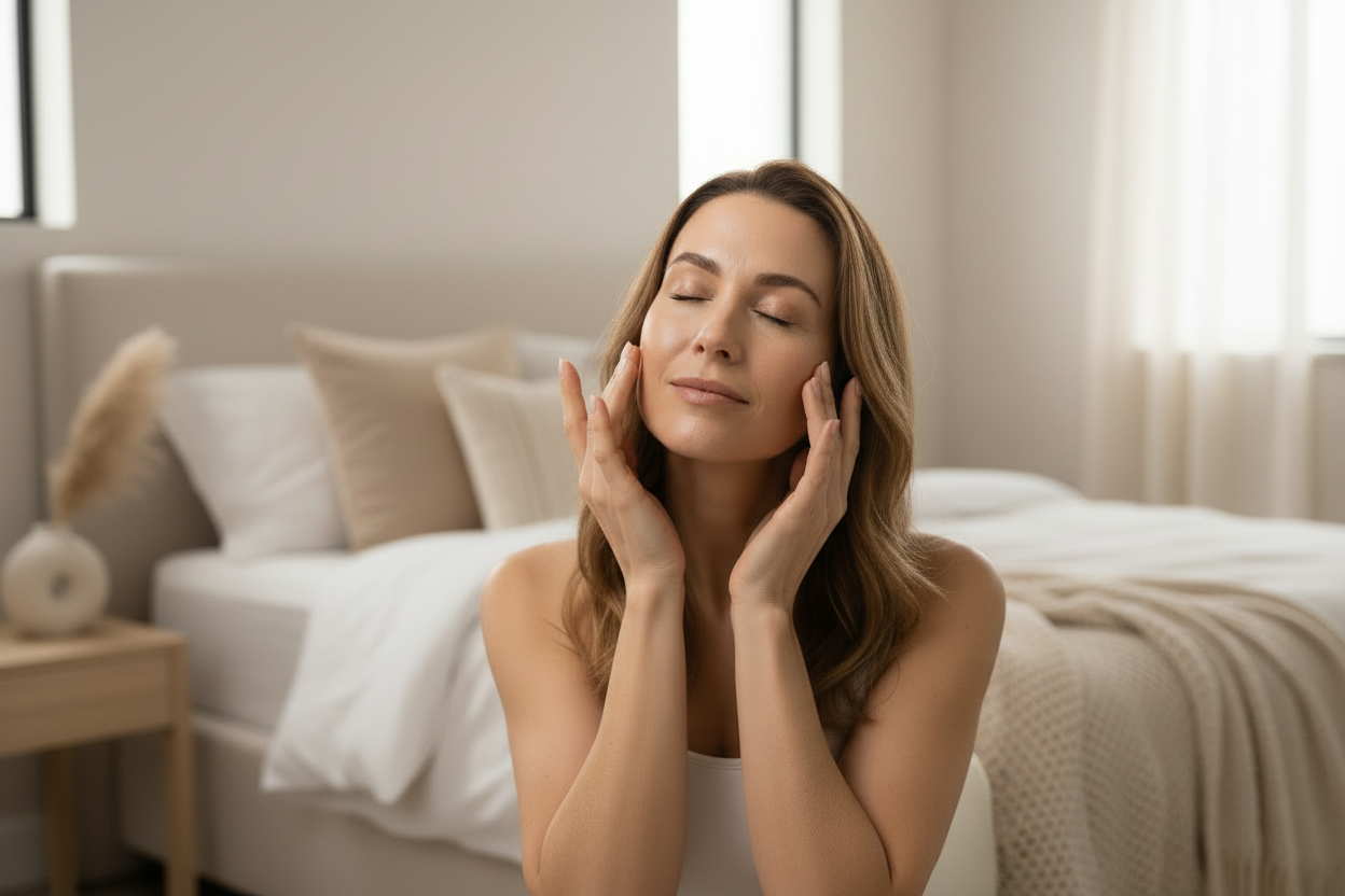 la mujer aplica un serum facial. En el fondo de la imagen mejor una habitación 
